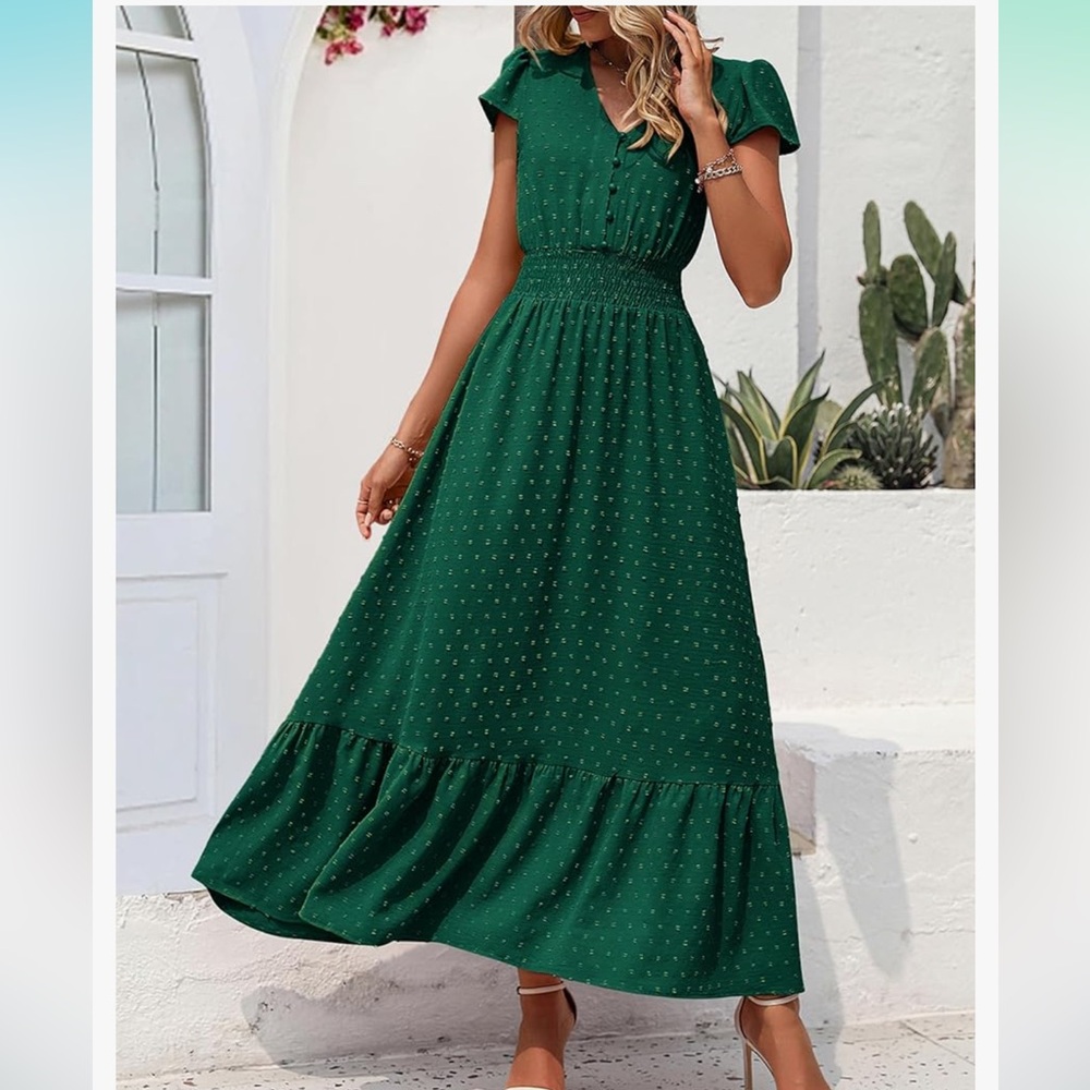 Dress Boho | Short Sleeve, V Neck, Swiss Dot, Ruffle Tiered, Maxi, Smocked